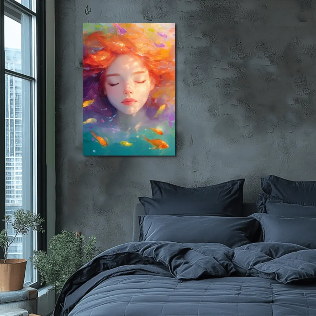 Girl Floating Underwater With Colorful Fish – Wall Art