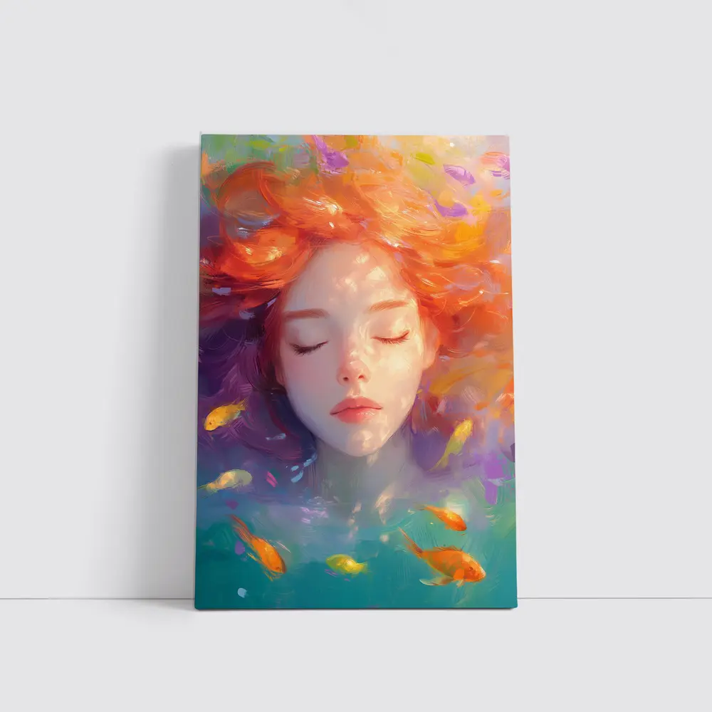 Girl Floating Underwater With Colorful Fish – Wall Art