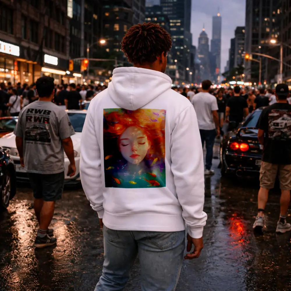 Girl Floating Underwater With Colorful Fish – Hoodies