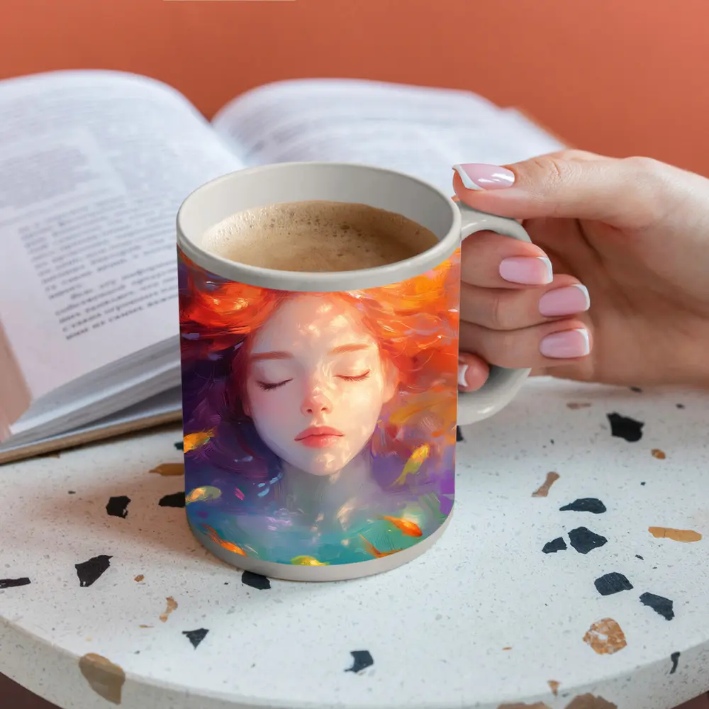 Girl Floating Underwater With Colorful Fish – Mugs