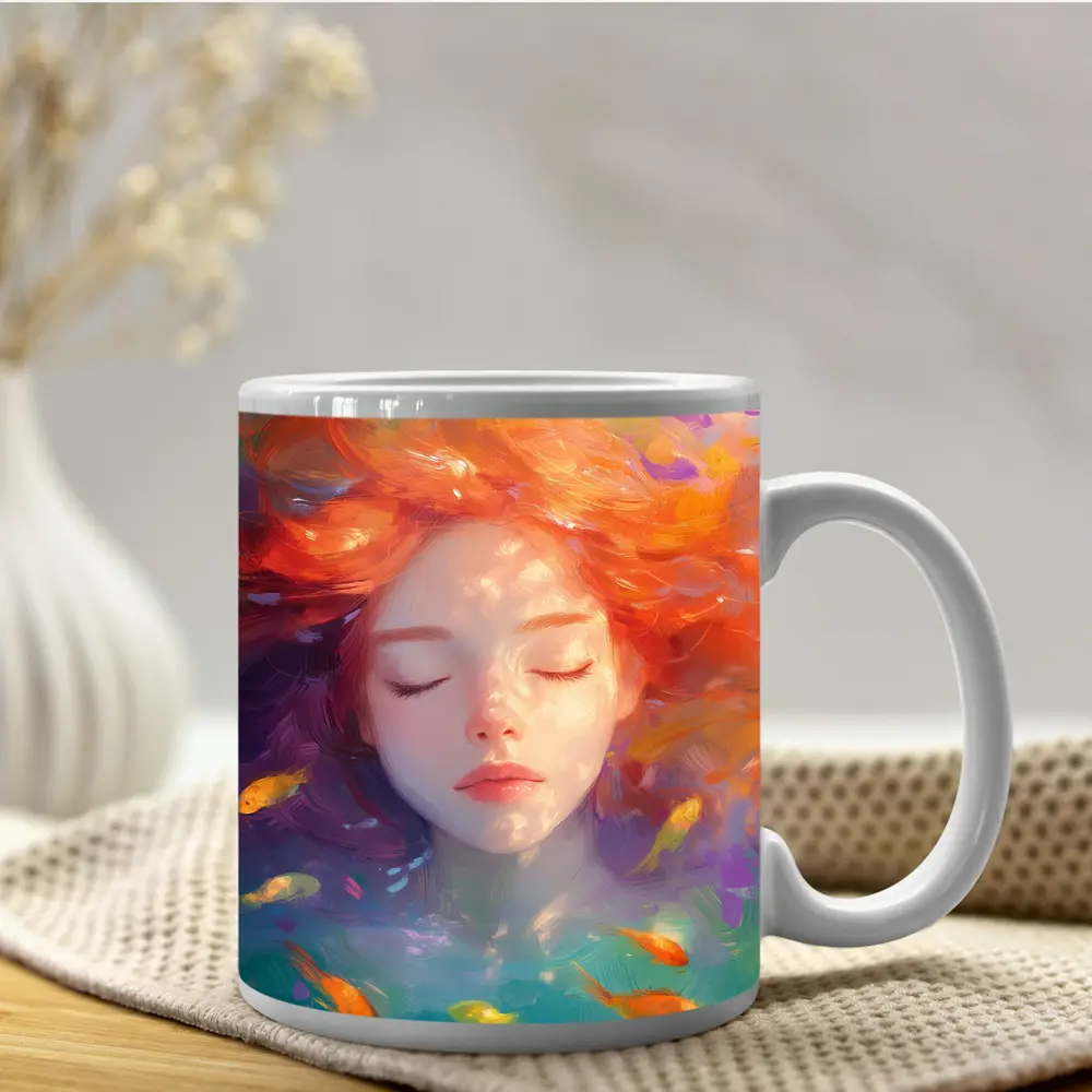 Girl Floating Underwater With Colorful Fish – Mugs