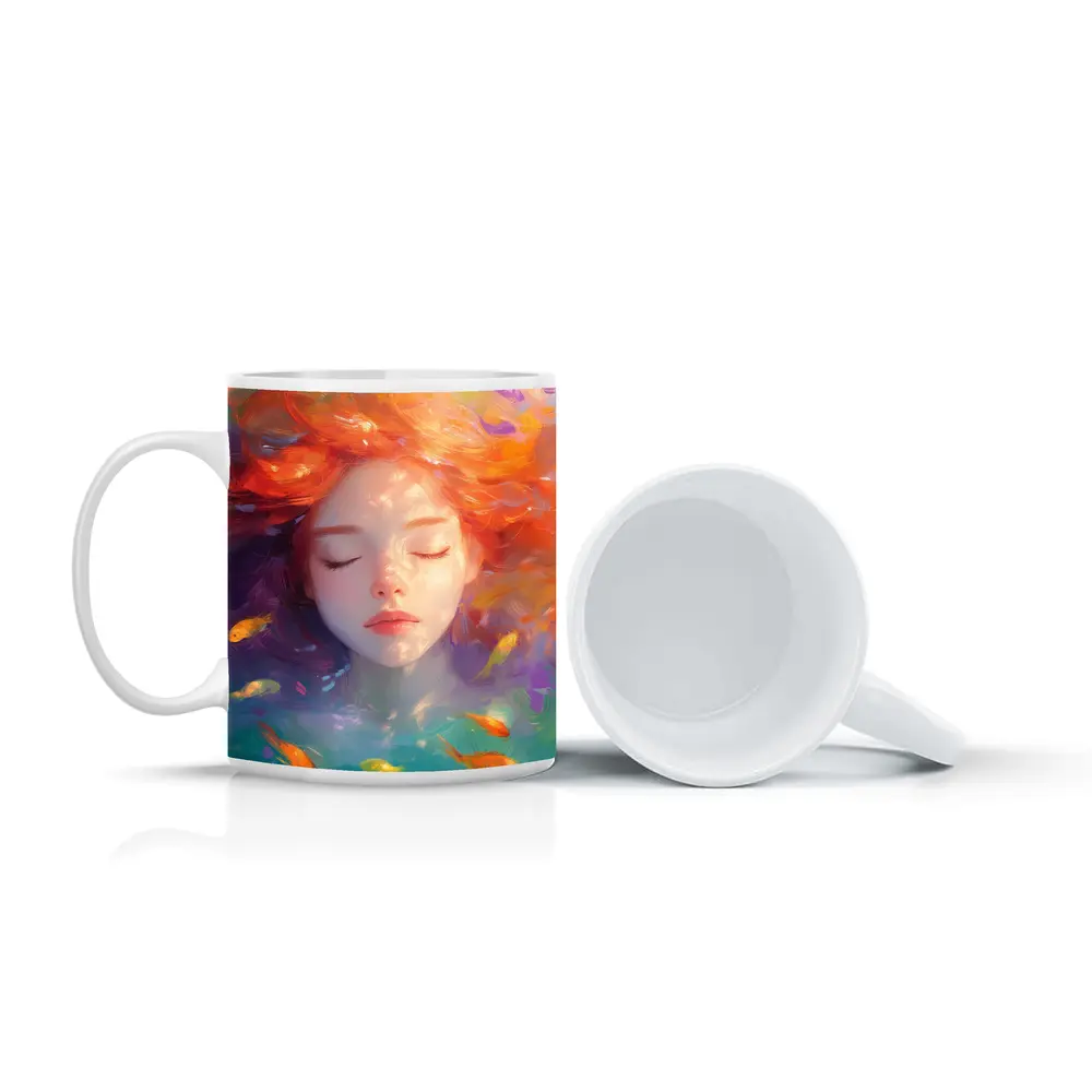 Girl Floating Underwater With Colorful Fish – Mugs