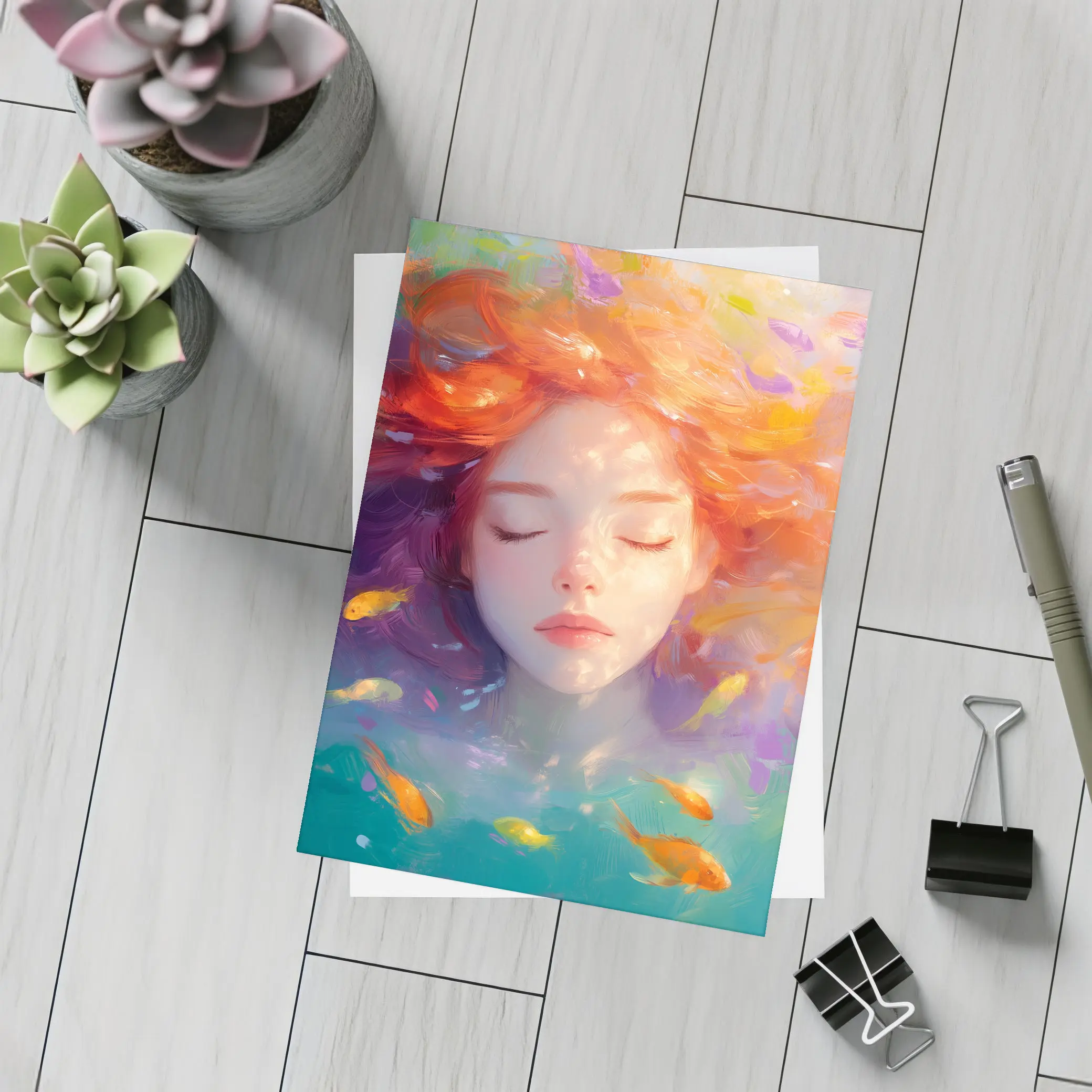 Girl Floating Underwater With Colorful Fish – Postcards