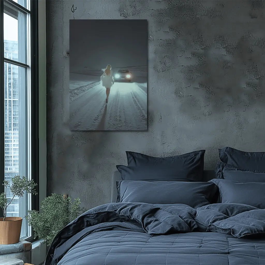 Woman Walking Snowy Road At Night – Wall Art