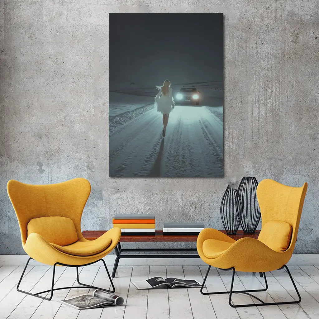 Woman Walking Snowy Road At Night – Wall Art