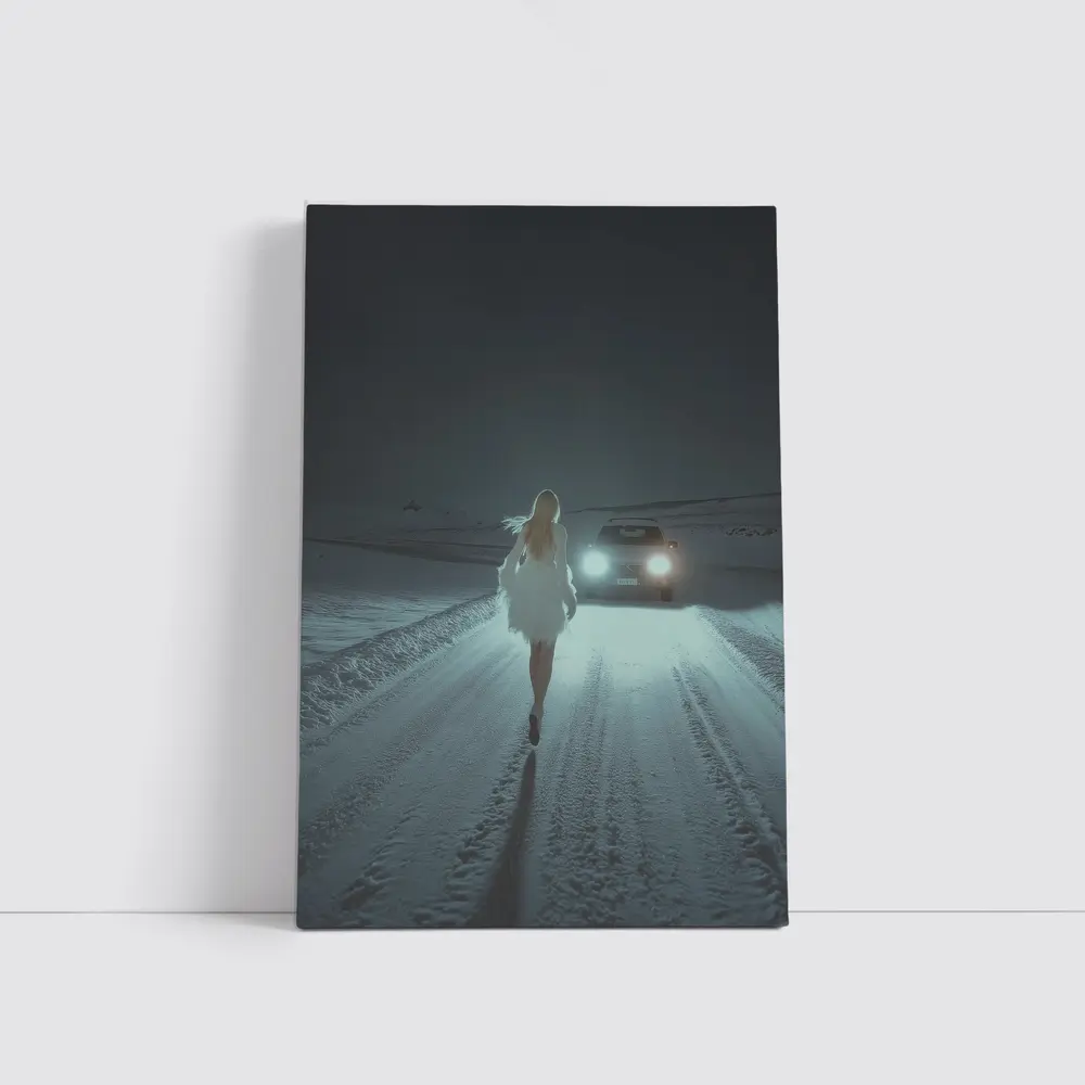 Woman Walking Snowy Road At Night – Wall Art