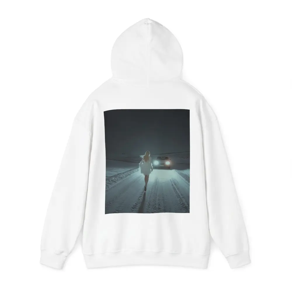 Woman Walking Snowy Road At Night – Hoodies