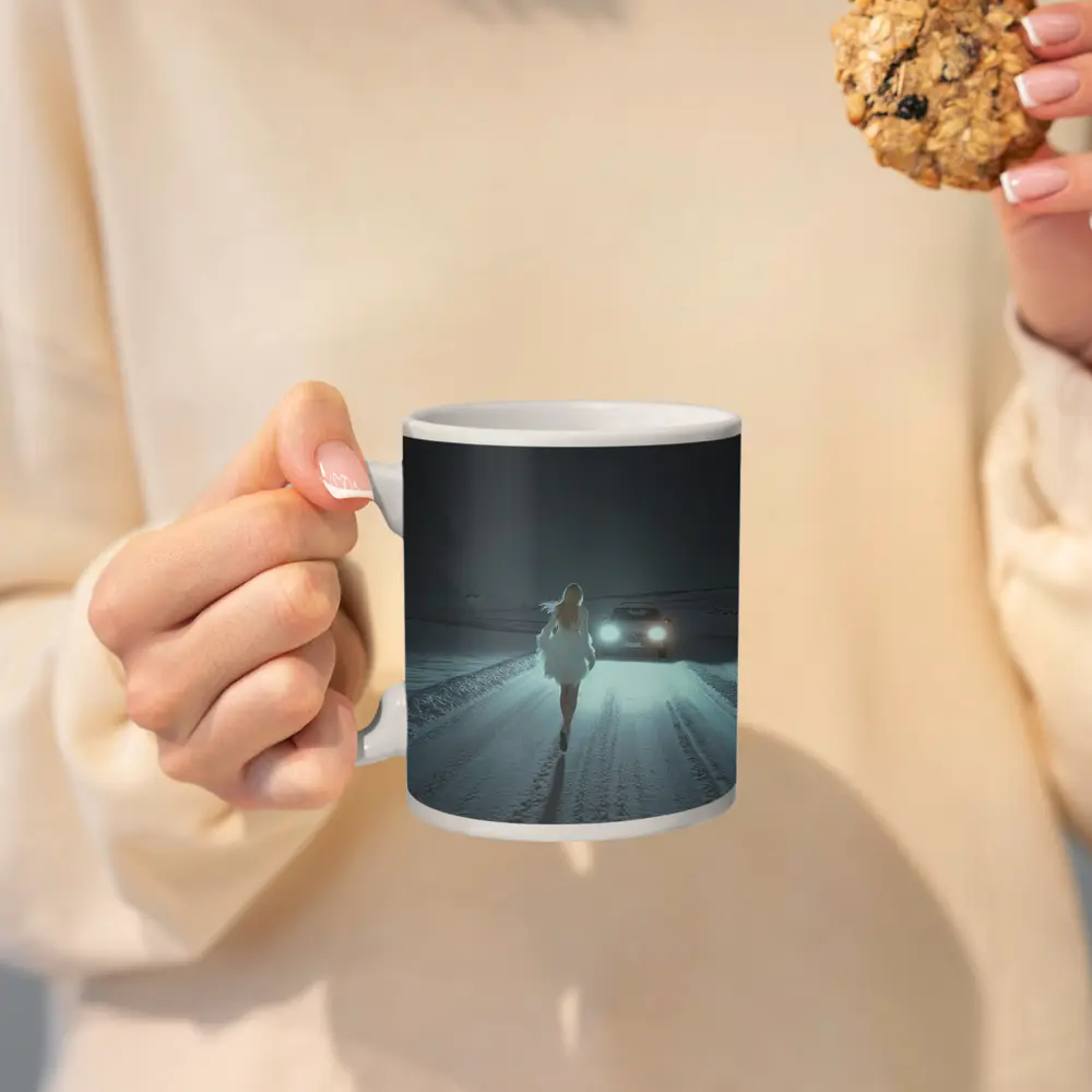 Woman Walking Snowy Road At Night – Mugs