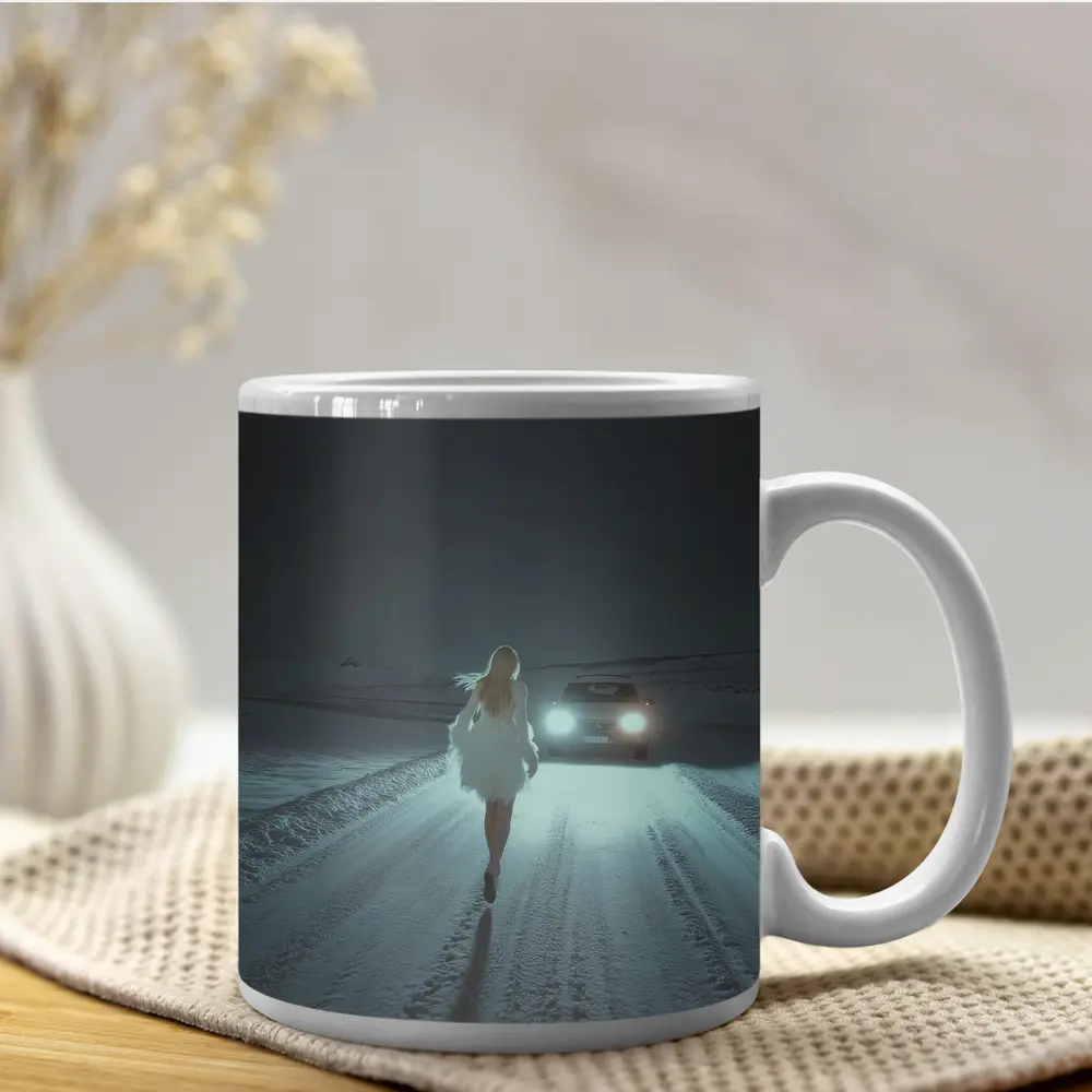 Woman Walking Snowy Road At Night – Mugs