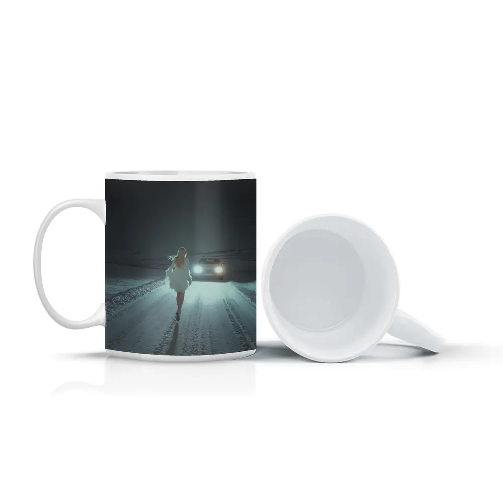 Woman Walking Snowy Road At Night – Mugs