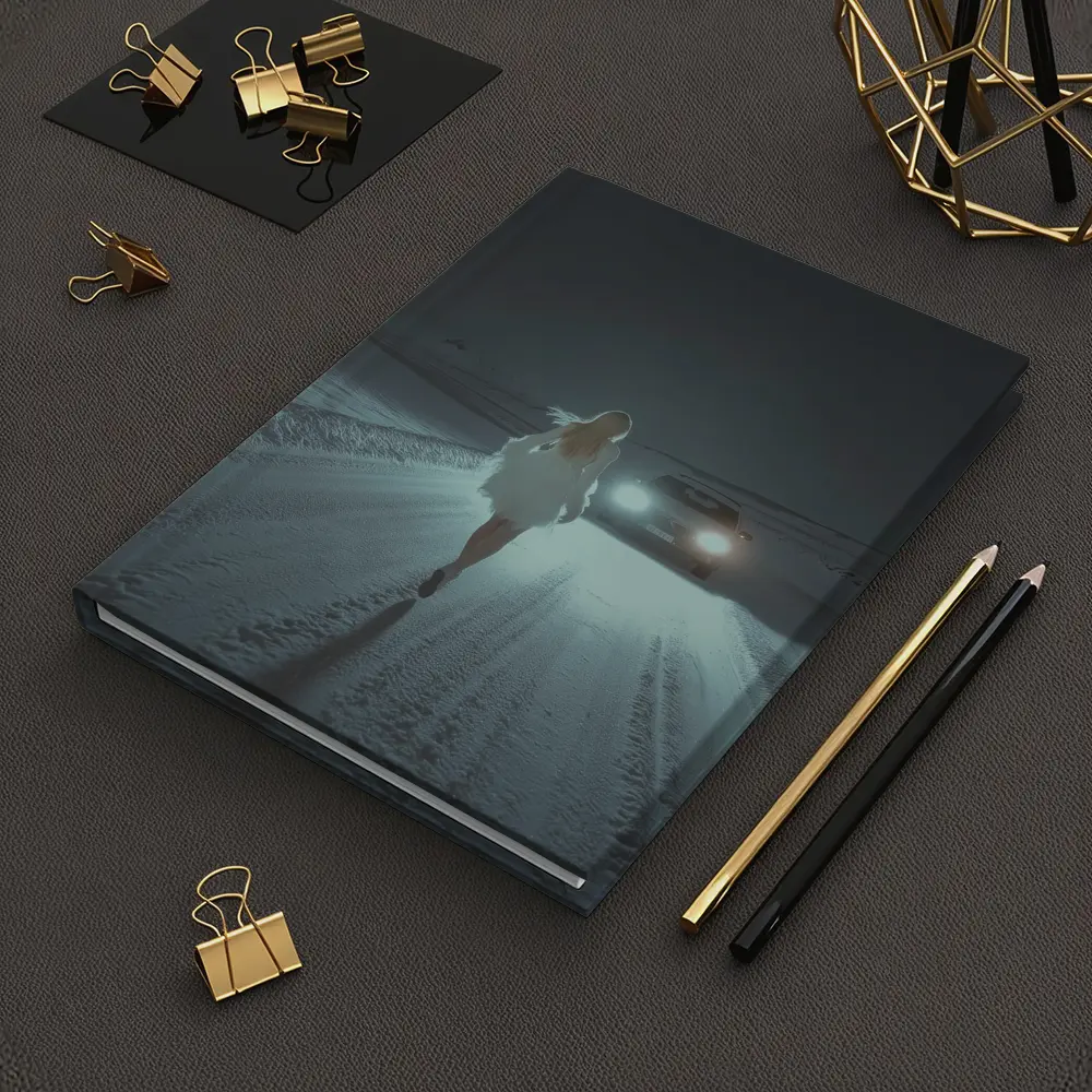 Woman Walking Snowy Road At Night – Notebooks