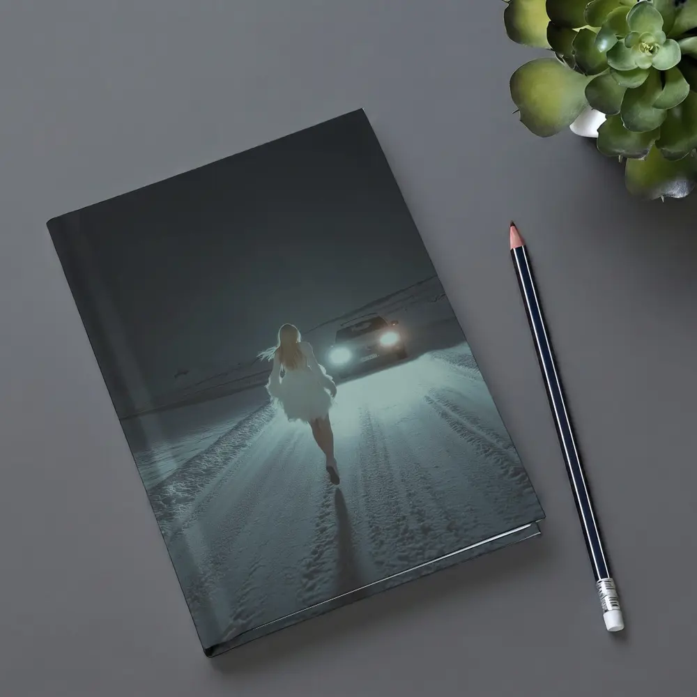 Woman Walking Snowy Road At Night – Notebooks