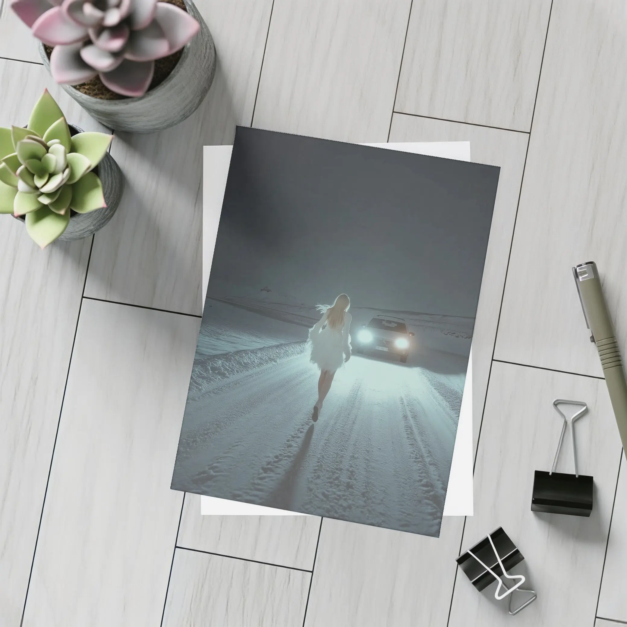 Woman Walking Snowy Road At Night – Postcards