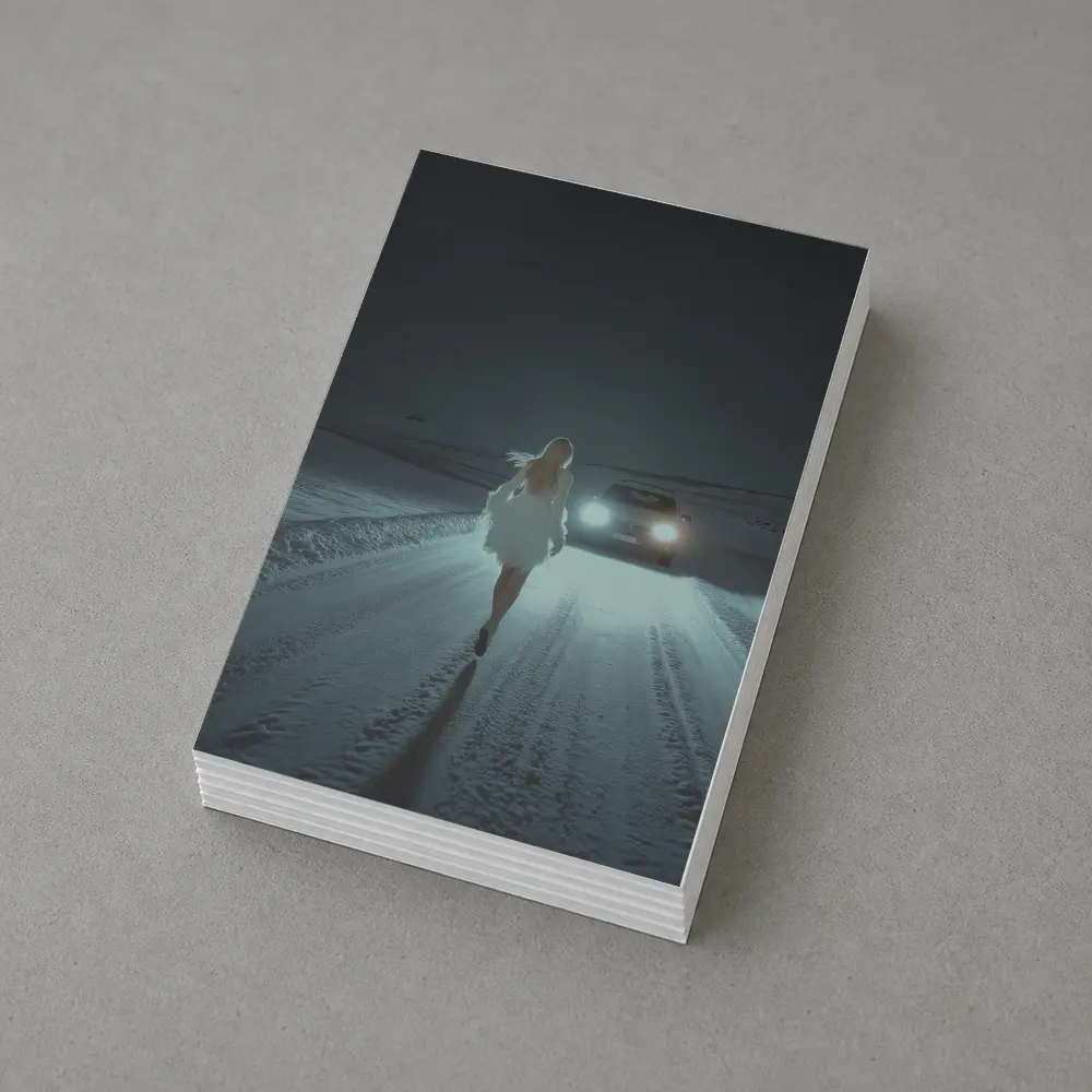 Woman Walking Snowy Road At Night – Postcards
