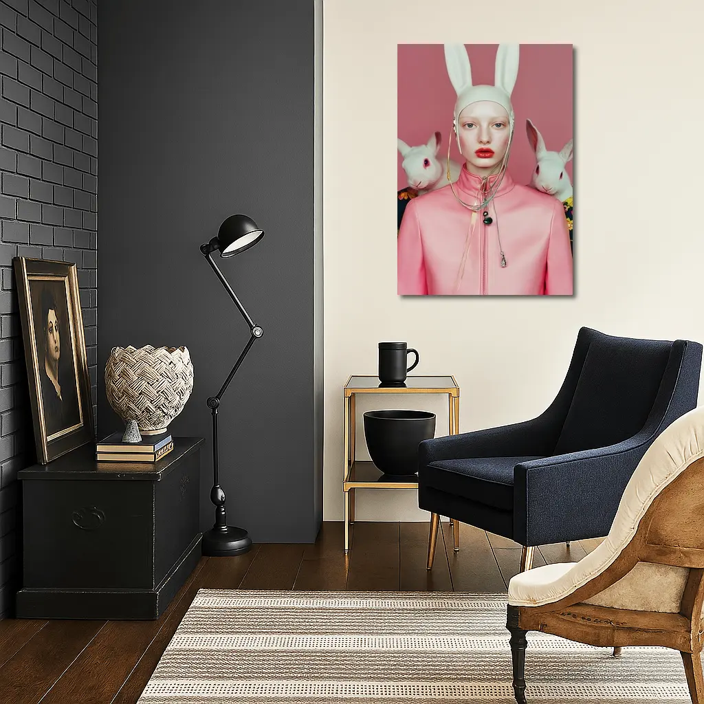 Fashion Woman Rabbit Ears Pink Surreal Portrait – Wall Art