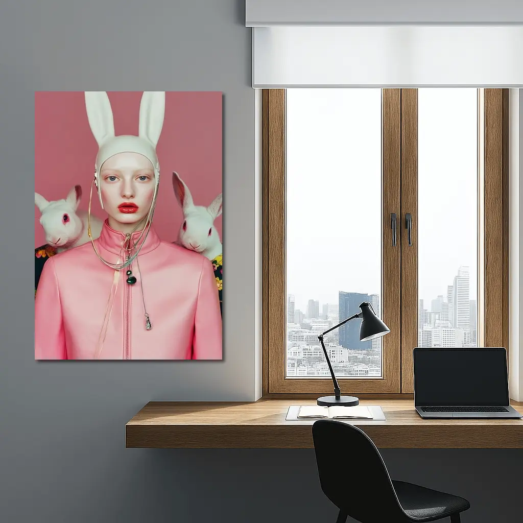 Fashion Woman Rabbit Ears Pink Surreal Portrait – Wall Art