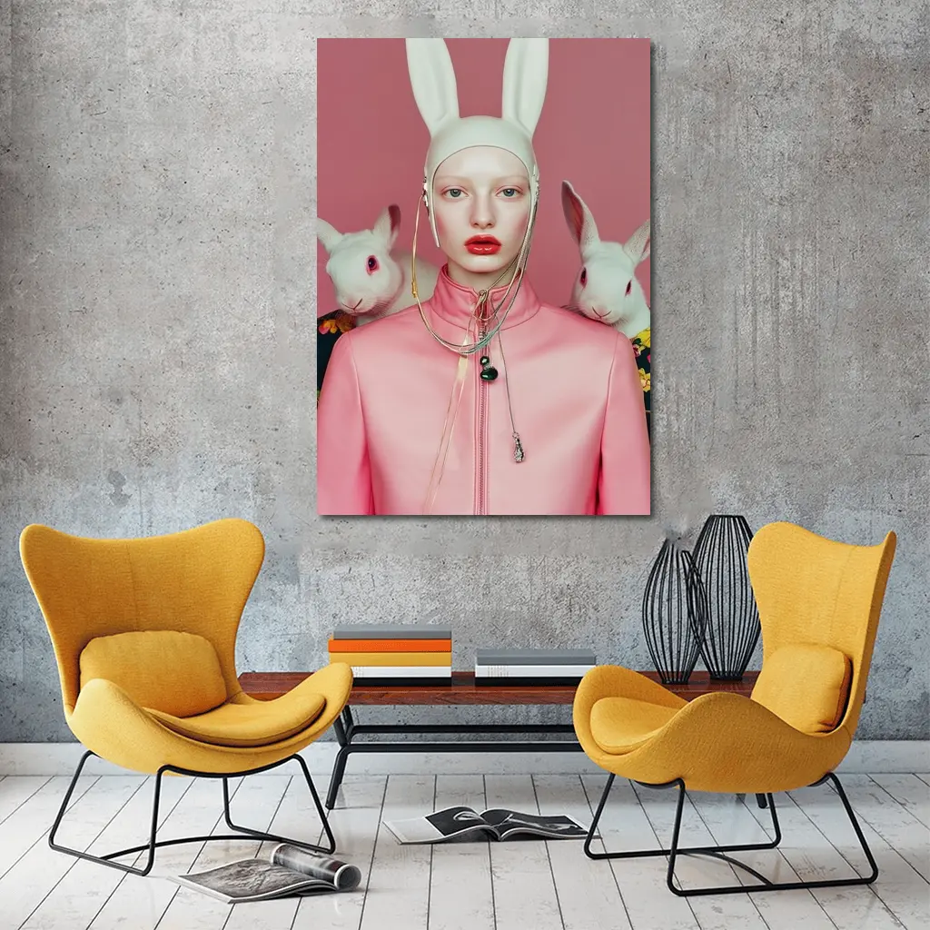 Fashion Woman Rabbit Ears Pink Surreal Portrait – Wall Art