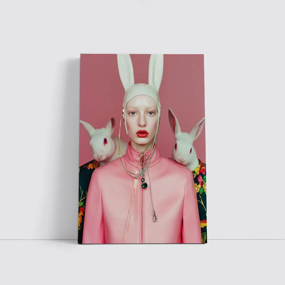 Fashion Woman Rabbit Ears Pink Surreal Portrait – Wall Art