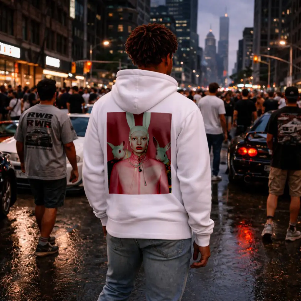 Fashion Woman Rabbit Ears Pink Surreal Portrait – Hoodies