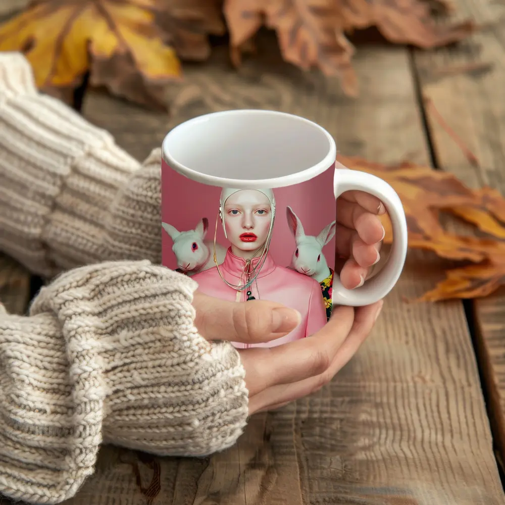 Fashion Woman Rabbit Ears Pink Surreal Portrait – Mugs