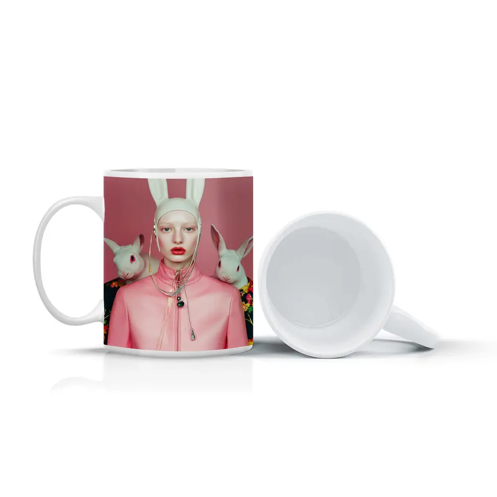 Fashion Woman Rabbit Ears Pink Surreal Portrait – Mugs
