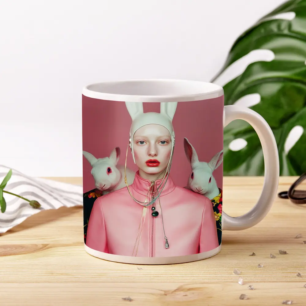 Fashion Woman Rabbit Ears Pink Surreal Portrait – Mugs