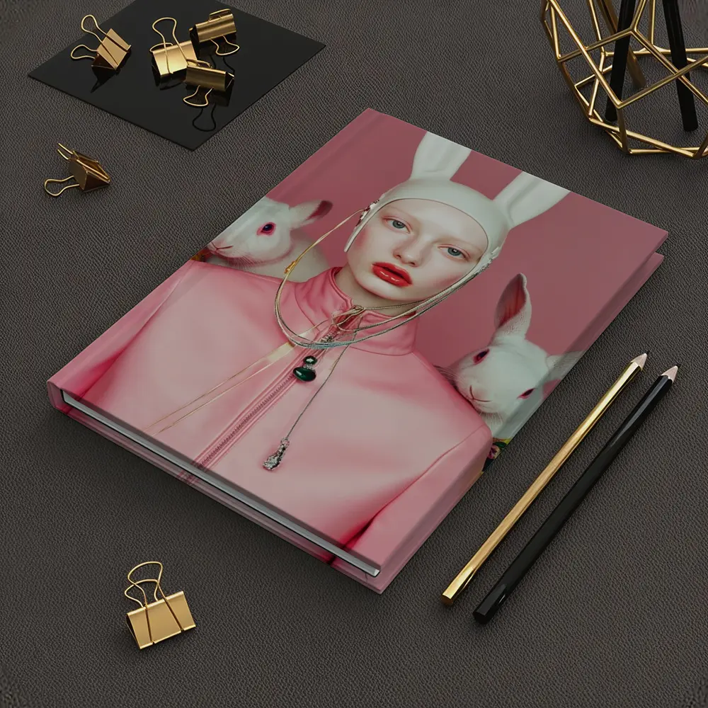 Fashion Woman Rabbit Ears Pink Surreal Portrait – Notebooks