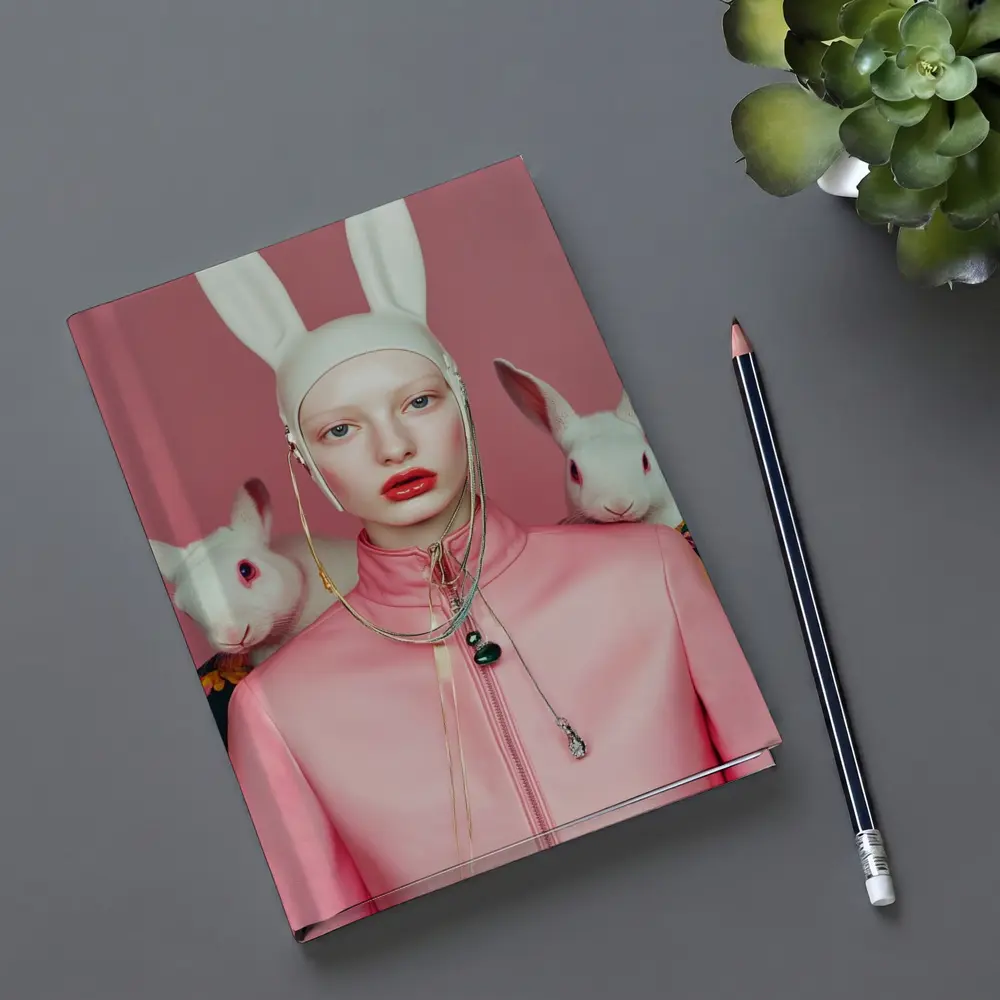 Fashion Woman Rabbit Ears Pink Surreal Portrait – Notebooks