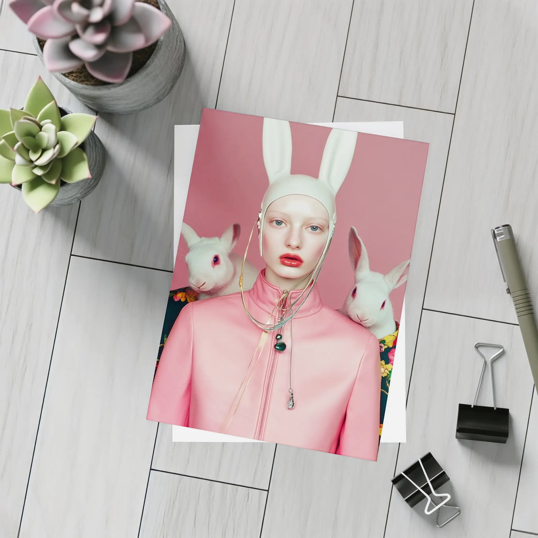 Fashion Woman Rabbit Ears Pink Surreal Portrait – Postcards