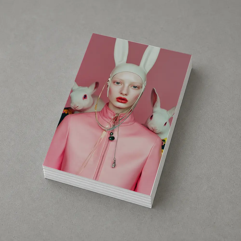 Fashion Woman Rabbit Ears Pink Surreal Portrait – Postcards