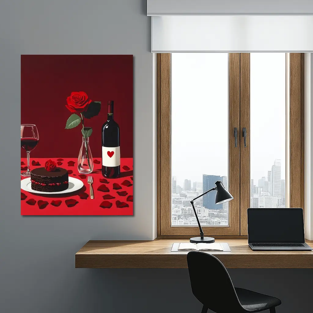 Red Rose Wine Chocolate Cake Romantic Table – Wall Art