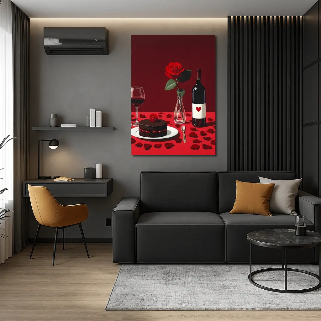 Red Rose Wine Chocolate Cake Romantic Table – Wall Art