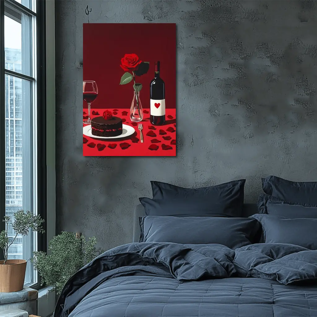 Red Rose Wine Chocolate Cake Romantic Table – Wall Art