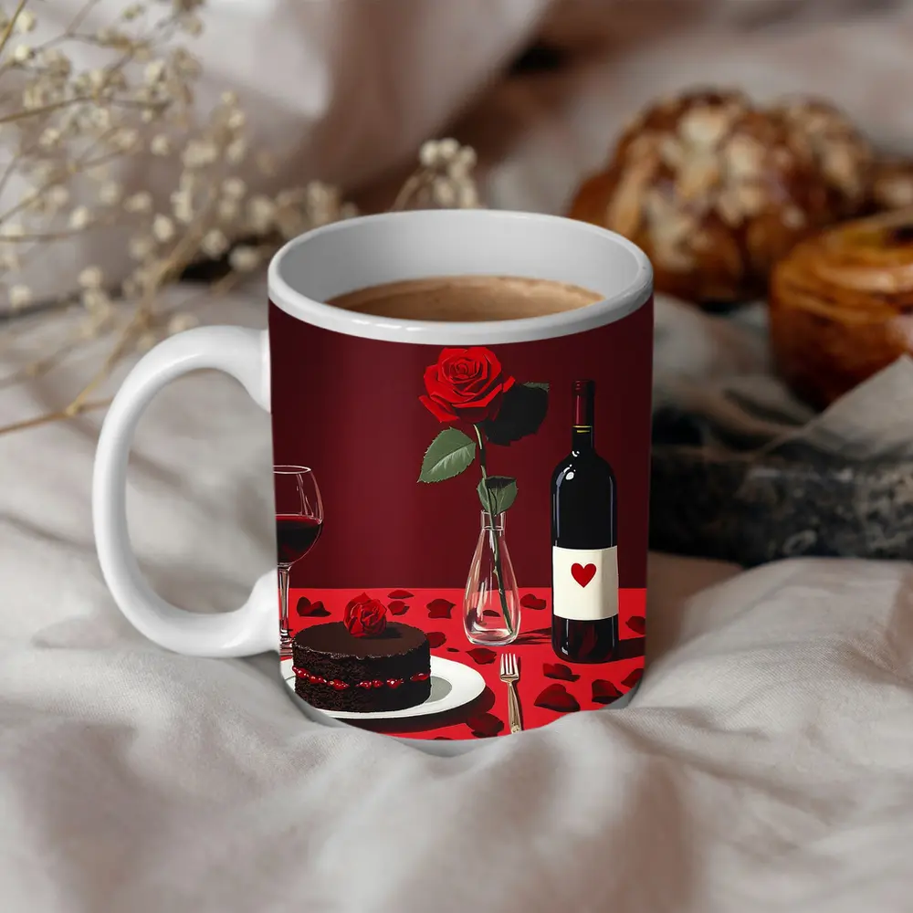 Red Rose Wine Chocolate Cake Romantic Table – Mugs