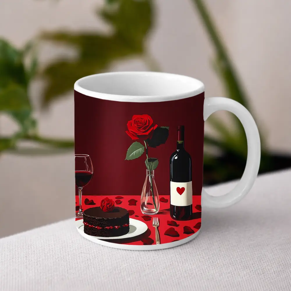 Red Rose Wine Chocolate Cake Romantic Table – Mugs