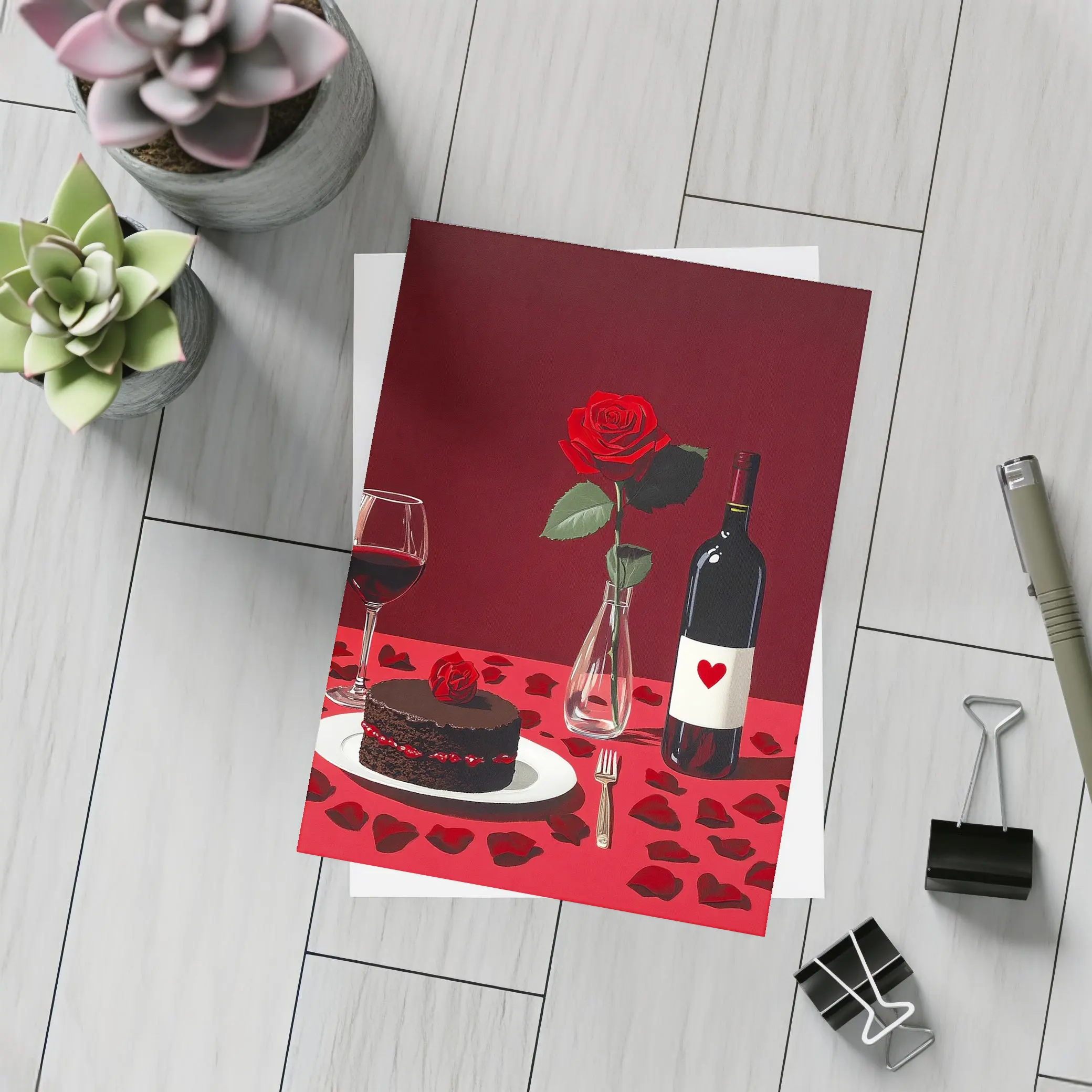 Red Rose Wine Chocolate Cake Romantic Table – Postcards