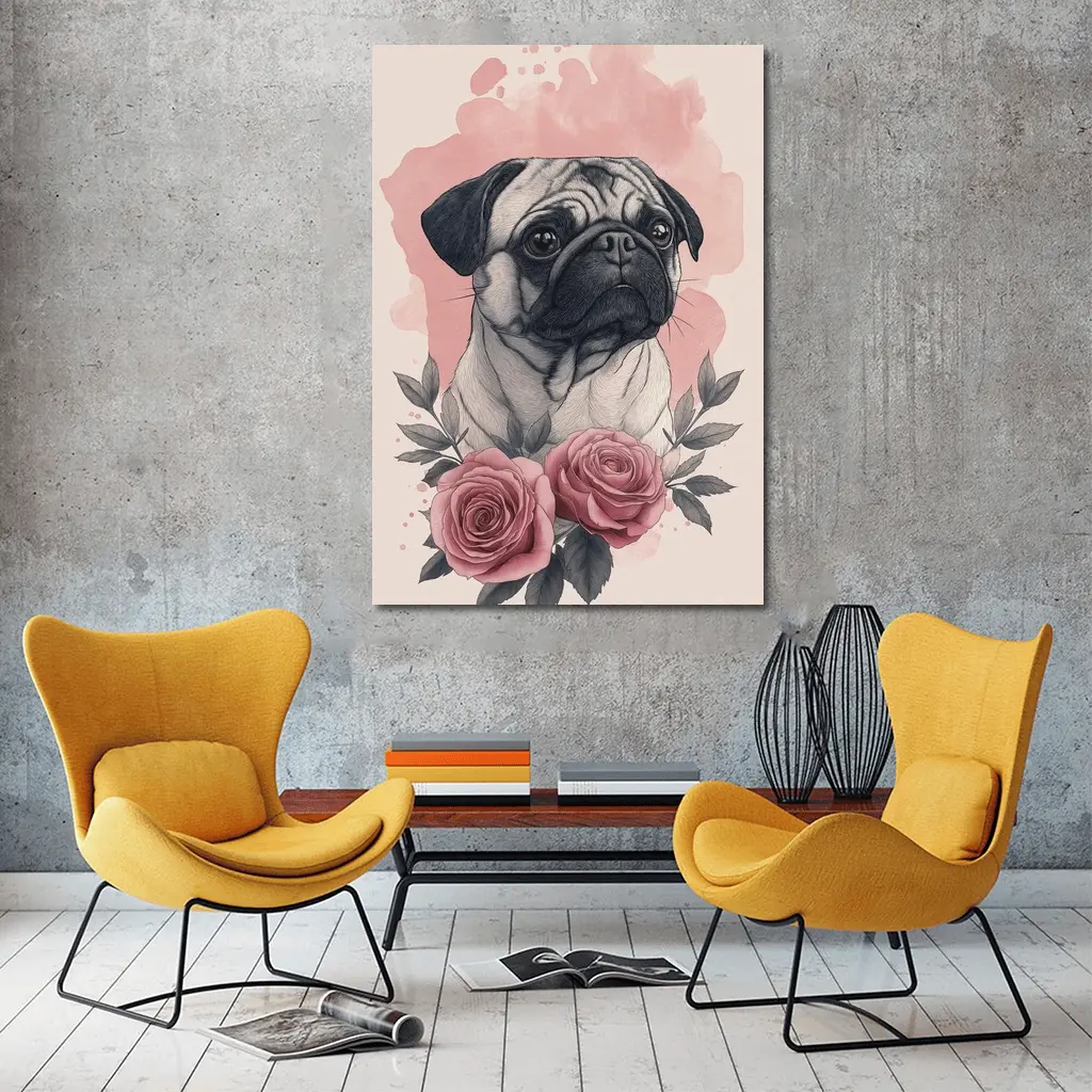 Pug Dog Portrait With Pink Roses – Wall Art