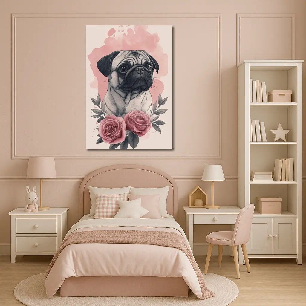 Pug Dog Portrait With Pink Roses – Wall Art