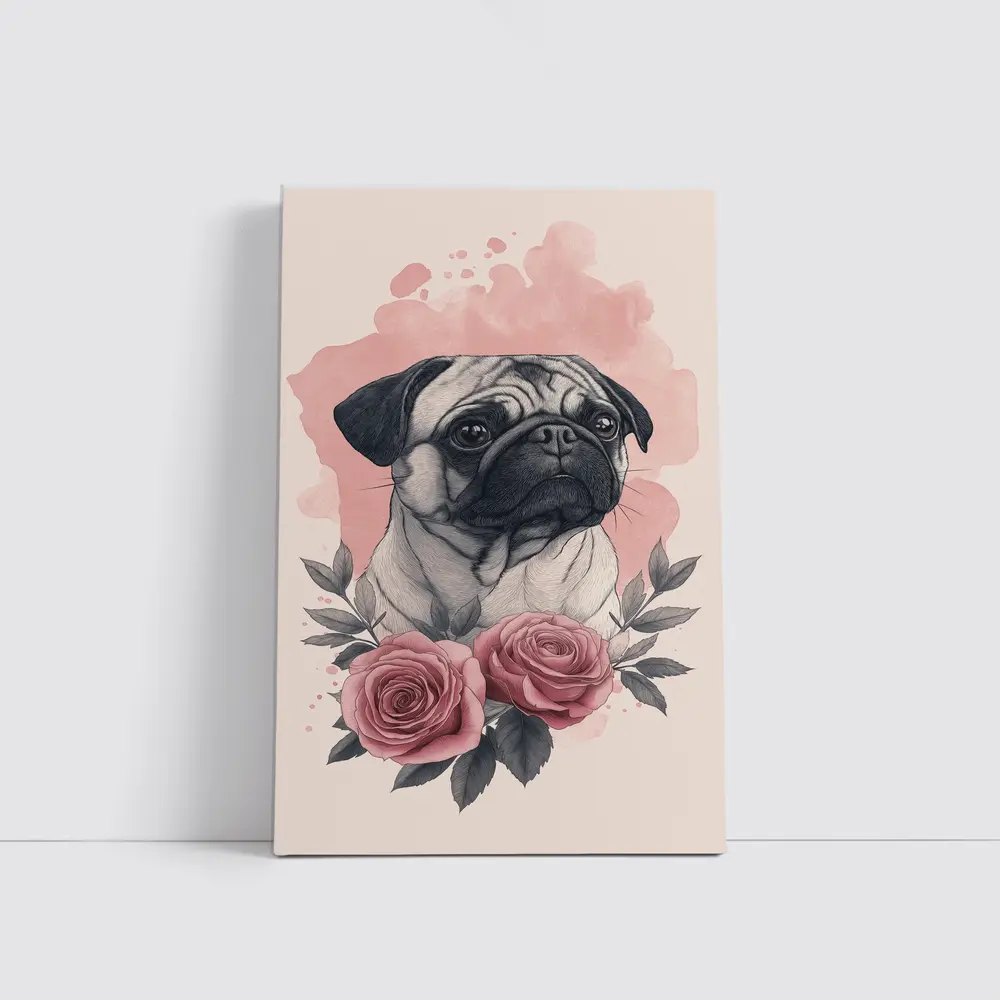 Pug Dog Portrait With Pink Roses – Wall Art