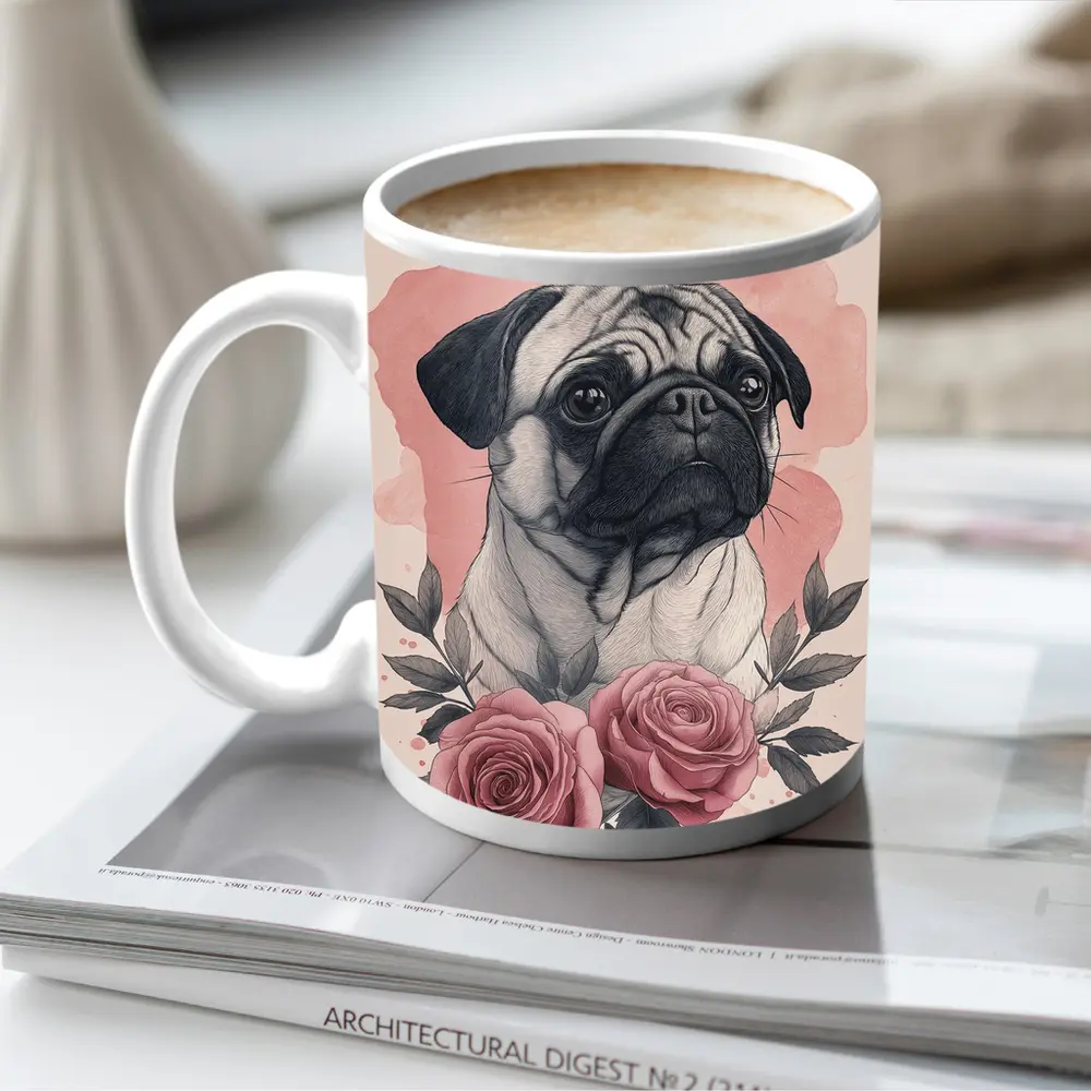Pug Dog Portrait With Pink Roses – Mugs