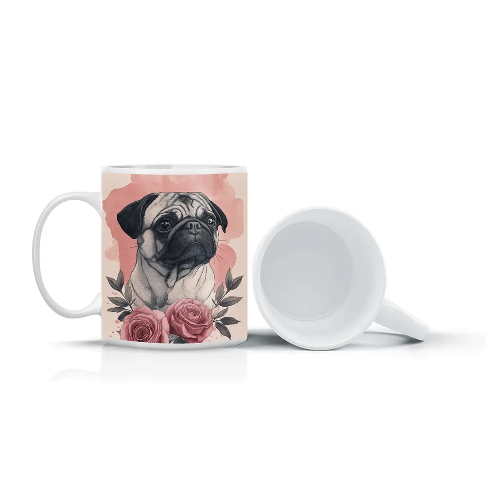 Pug Dog Portrait With Pink Roses – Mugs