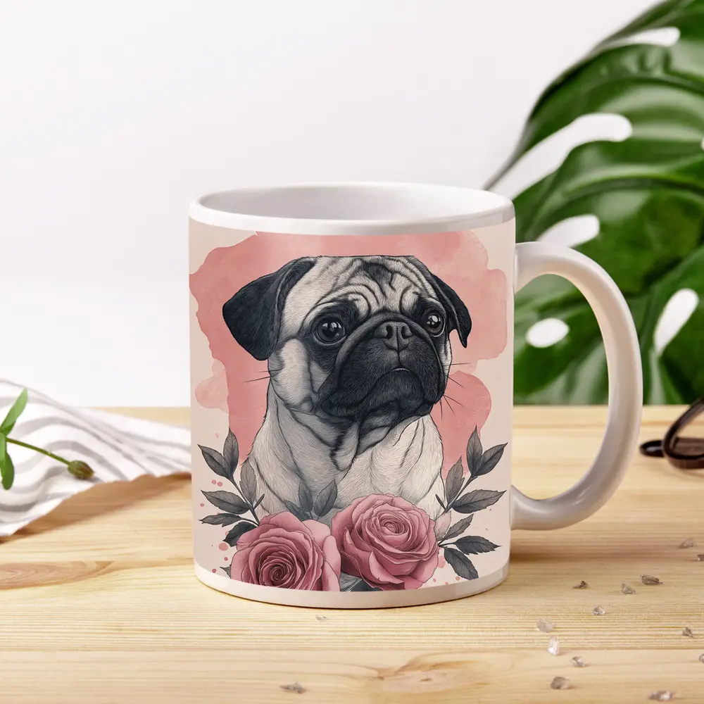 Pug Dog Portrait With Pink Roses – Mugs