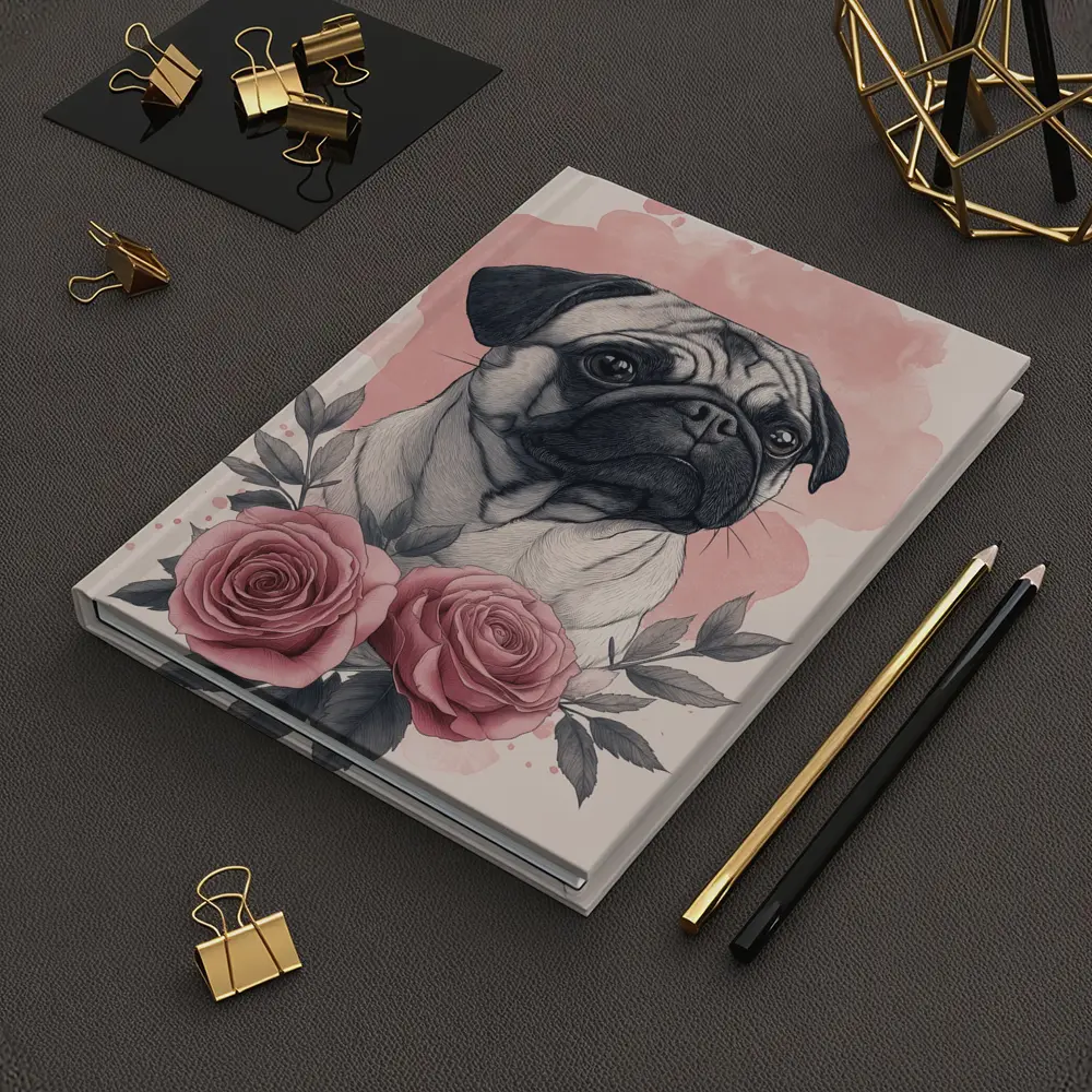 Pug Dog Portrait With Pink Roses – Notebooks