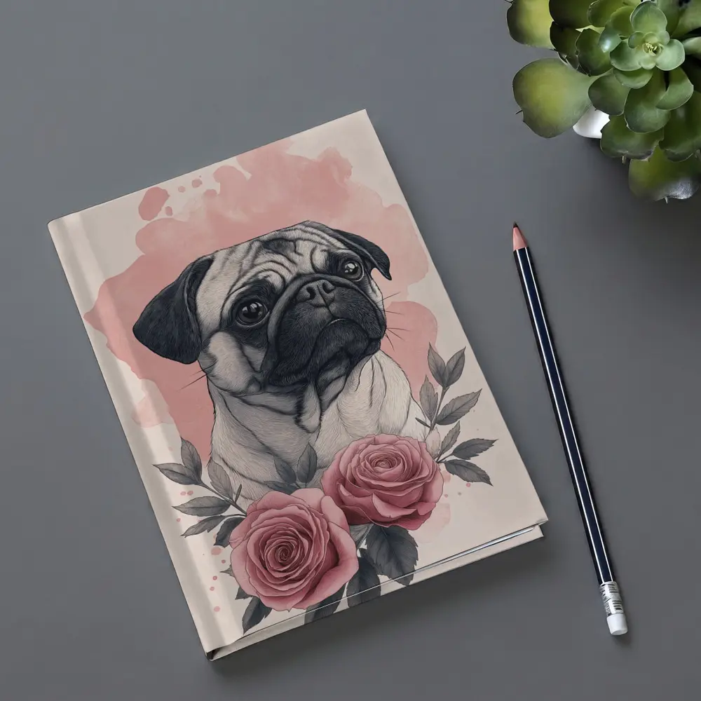 Pug Dog Portrait With Pink Roses – Notebooks