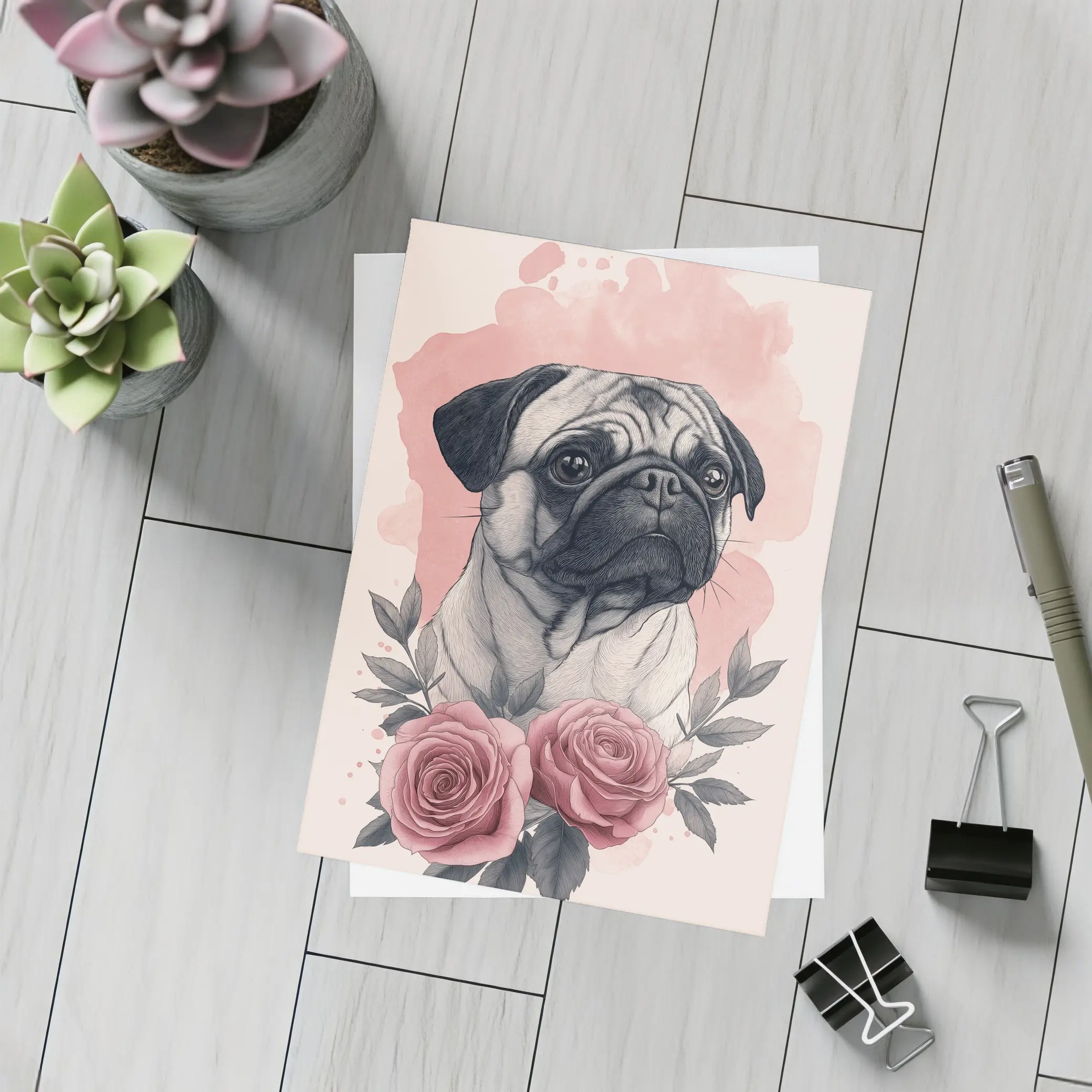 Pug Dog Portrait With Pink Roses – Postcards