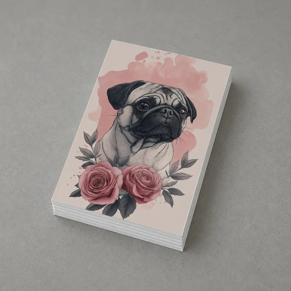 Pug Dog Portrait With Pink Roses – Postcards