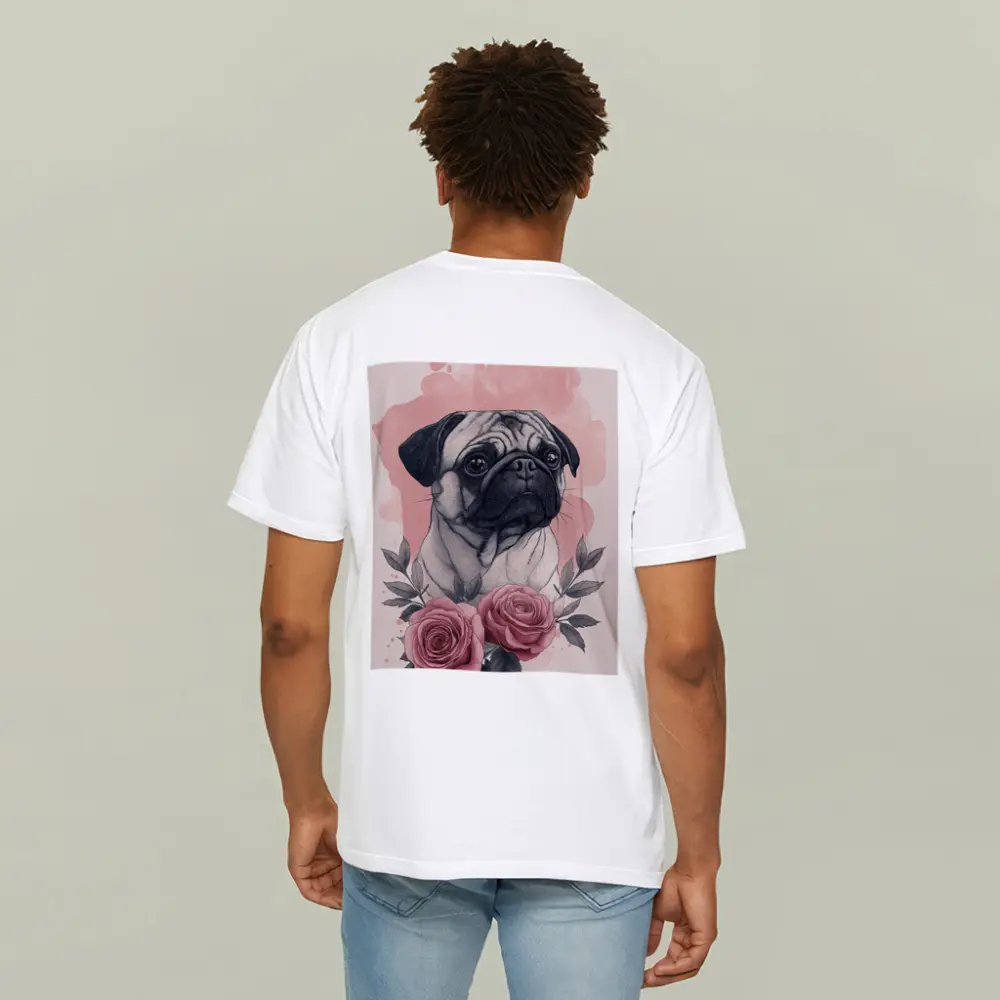 Pug Dog Portrait With Pink Roses – T-Shirts