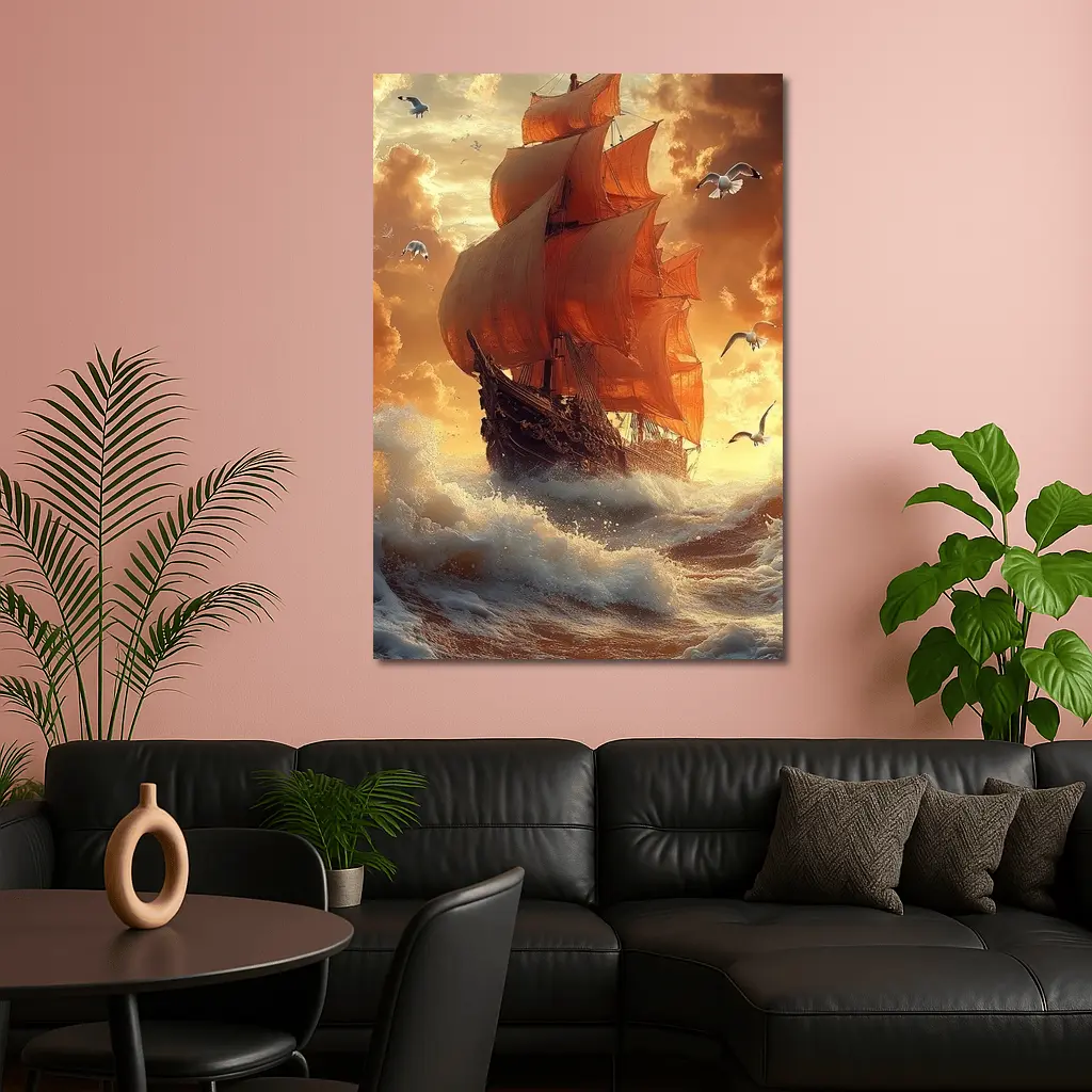 Tall Ship Sailing Stormy Ocean Sunset – Wall Art