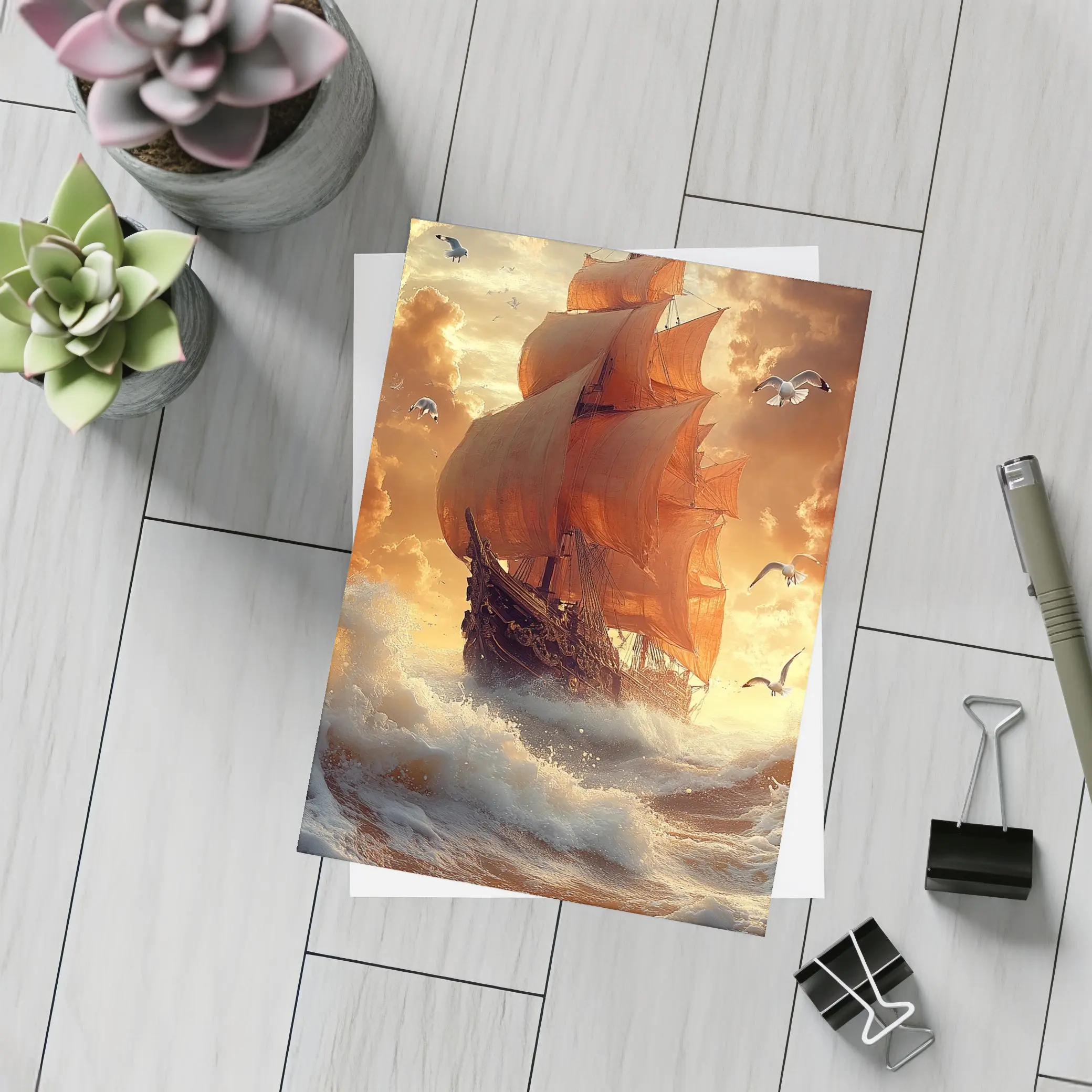 Tall Ship Sailing Stormy Ocean Sunset – Postcards