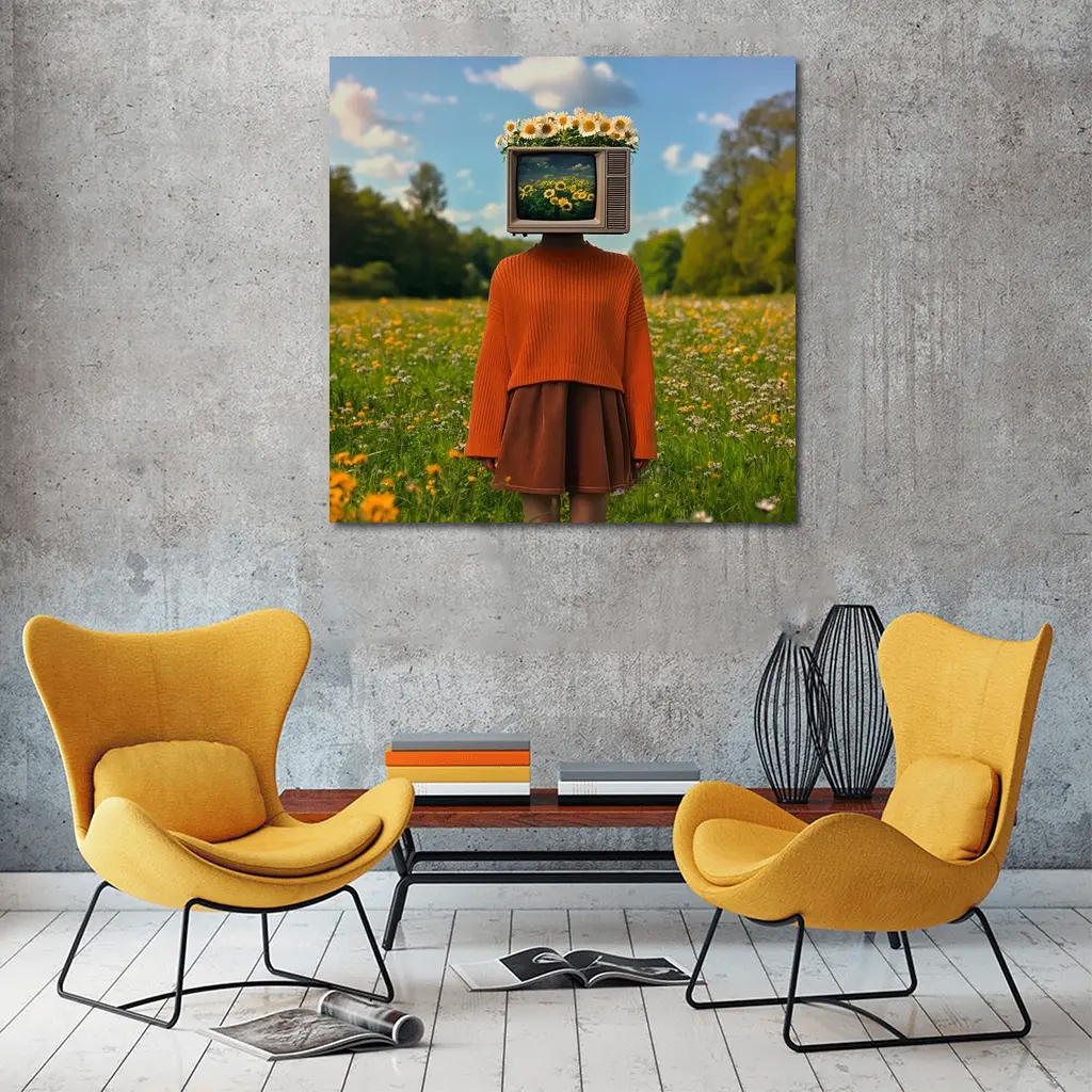 Retro TV Head Girl Wildflower Meadow – Wall Art